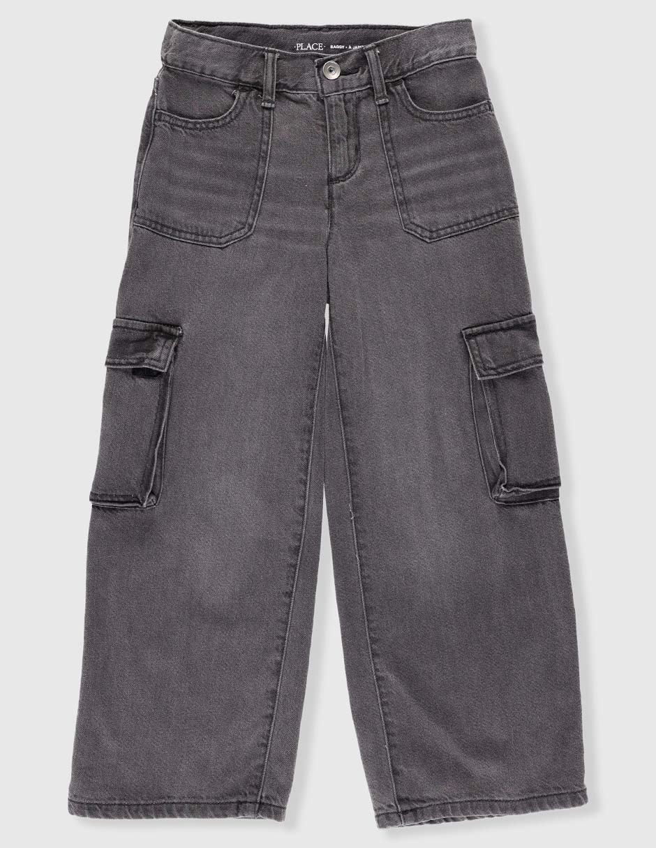 Jeans cargo amplio lavado obscuro para niña 1