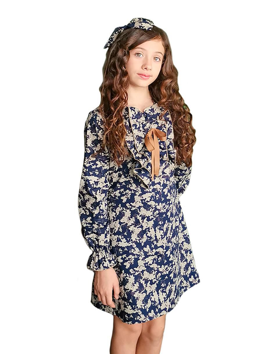 Vestido Flor Beige manga con puño para niña